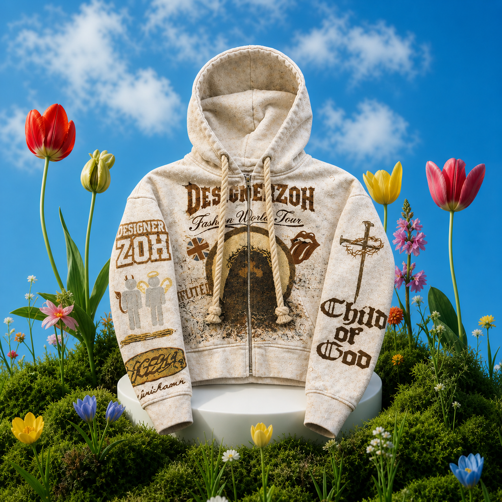 DesignerZoh “Fashion World Tour” Zip-Up Hoodie (Off-White)