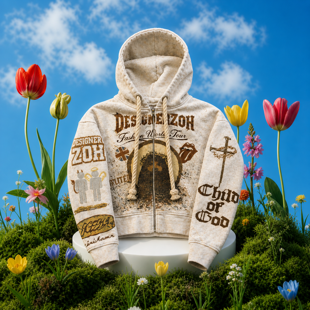 DesignerZoh “Fashion World Tour” Zip-Up Hoodie (Off-White)