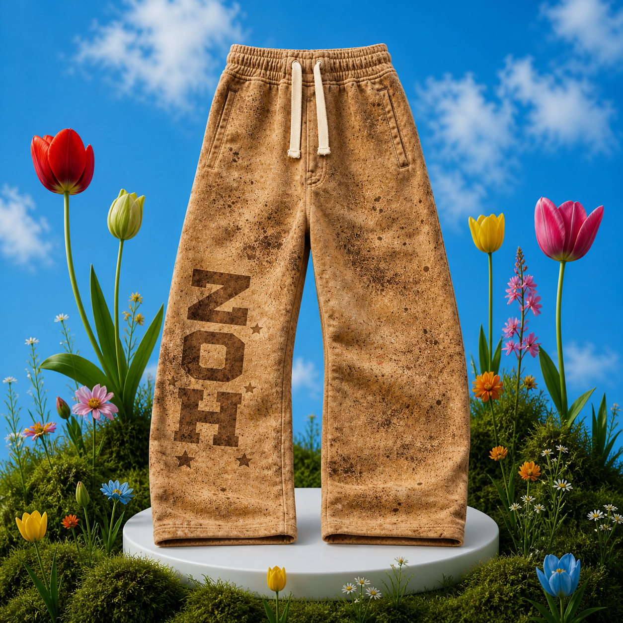 DesignerZoh “World Tour” Paint-Splatter Sweatpants (Wheat)