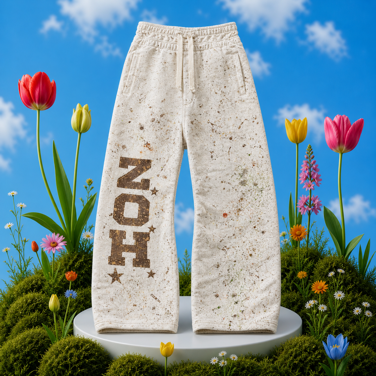 DesignerZoh “World Tour” Paint-Splatter Sweatpants (Off-White)